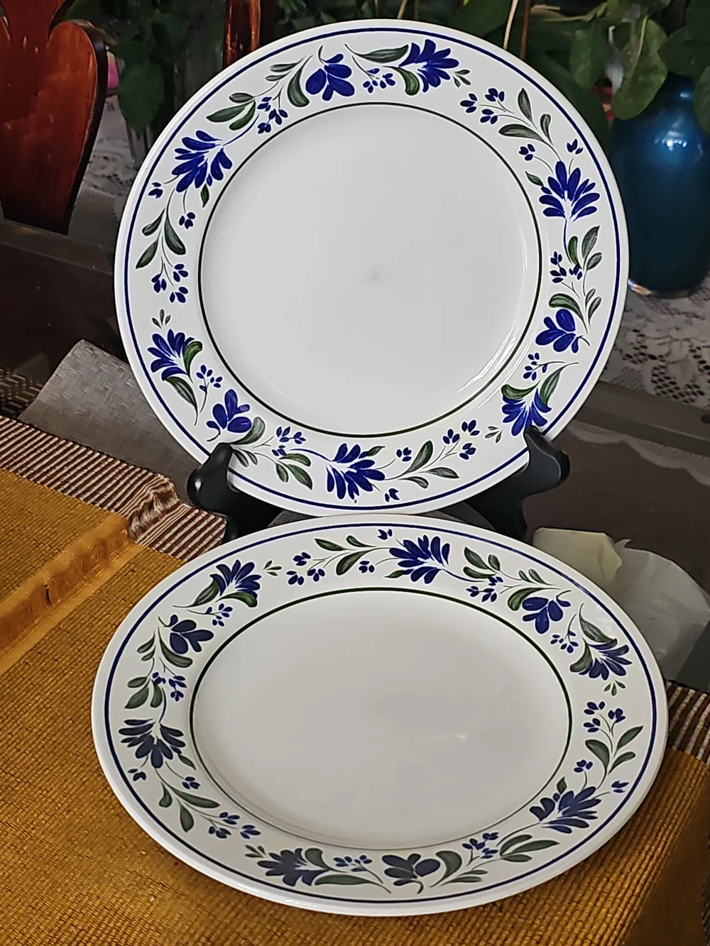White Ceramic Dinner Plates with Blue Floral Border Made In ENGLAND